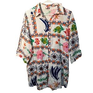 Label of Love Button Down Shirt Linen White Tropical Floral L